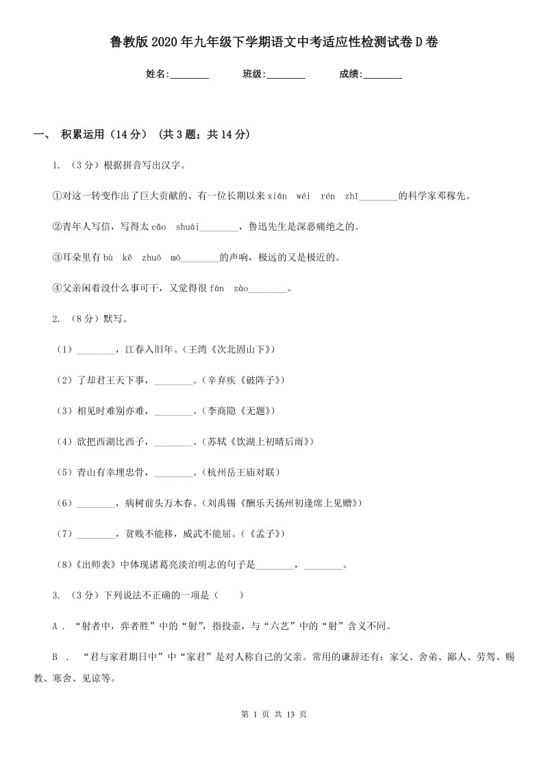 鲁教版2020年九年级下学期语文中考适应性检测试卷D卷.doc_第1页