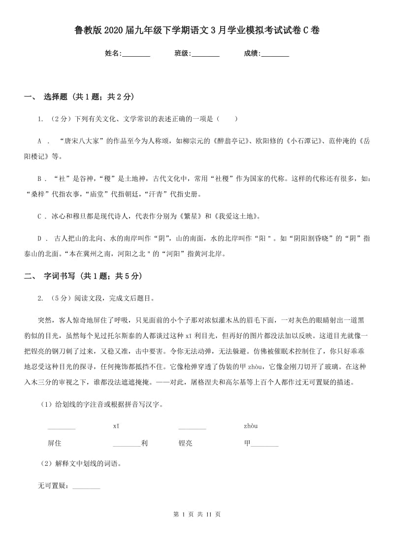 鲁教版2020届九年级下学期语文3月学业模拟考试试卷C卷.doc_第1页