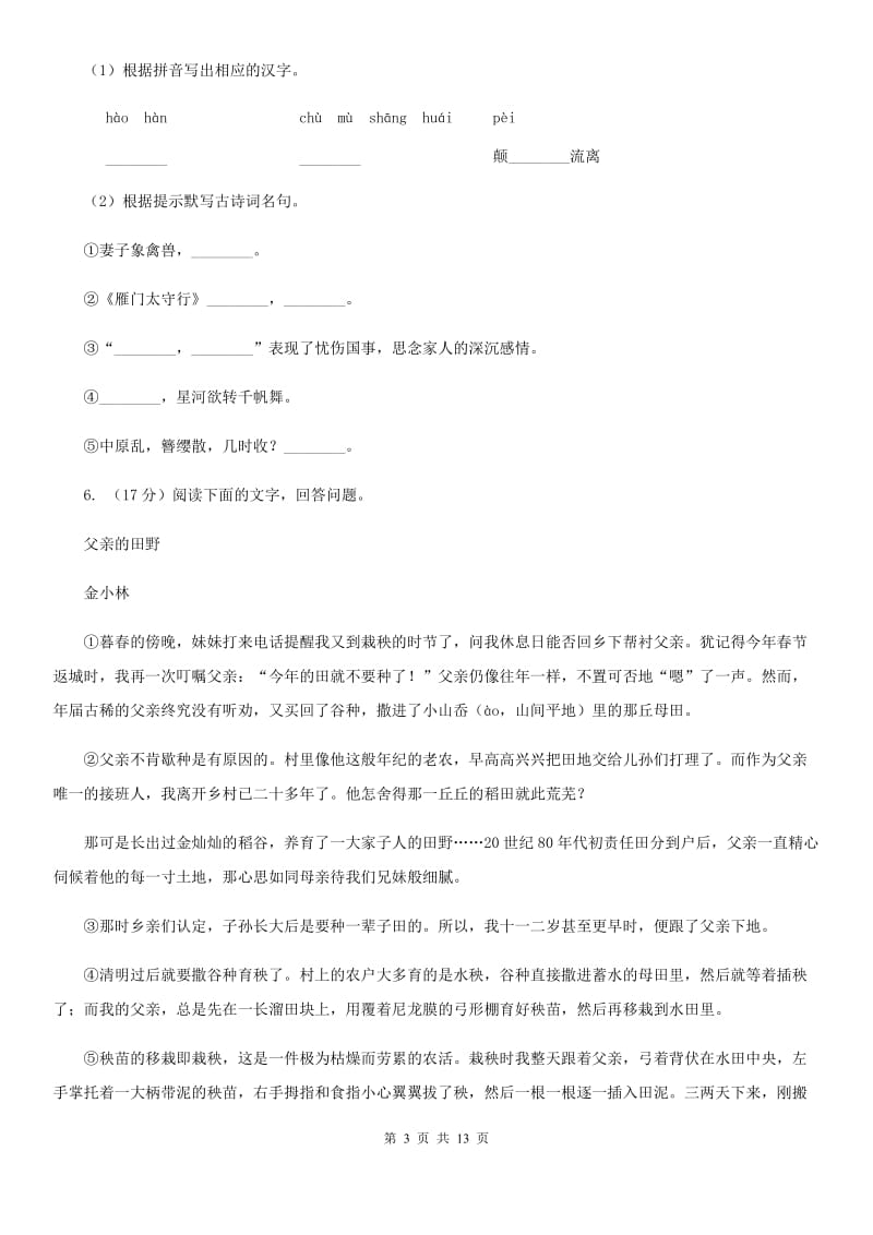 语文版2020届九年级语文初中毕业升学文化考试二模试卷（II ）卷.doc_第3页