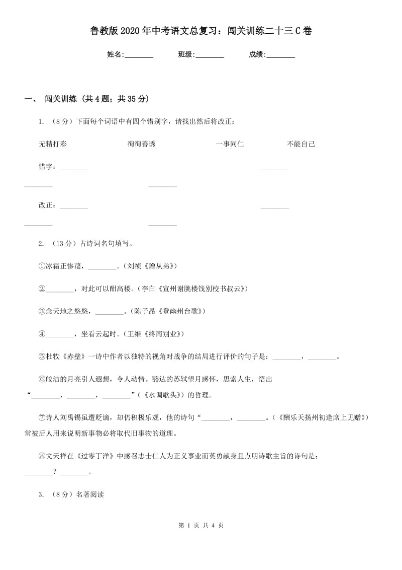 鲁教版2020年中考语文总复习：闯关训练二十三C卷.doc_第1页