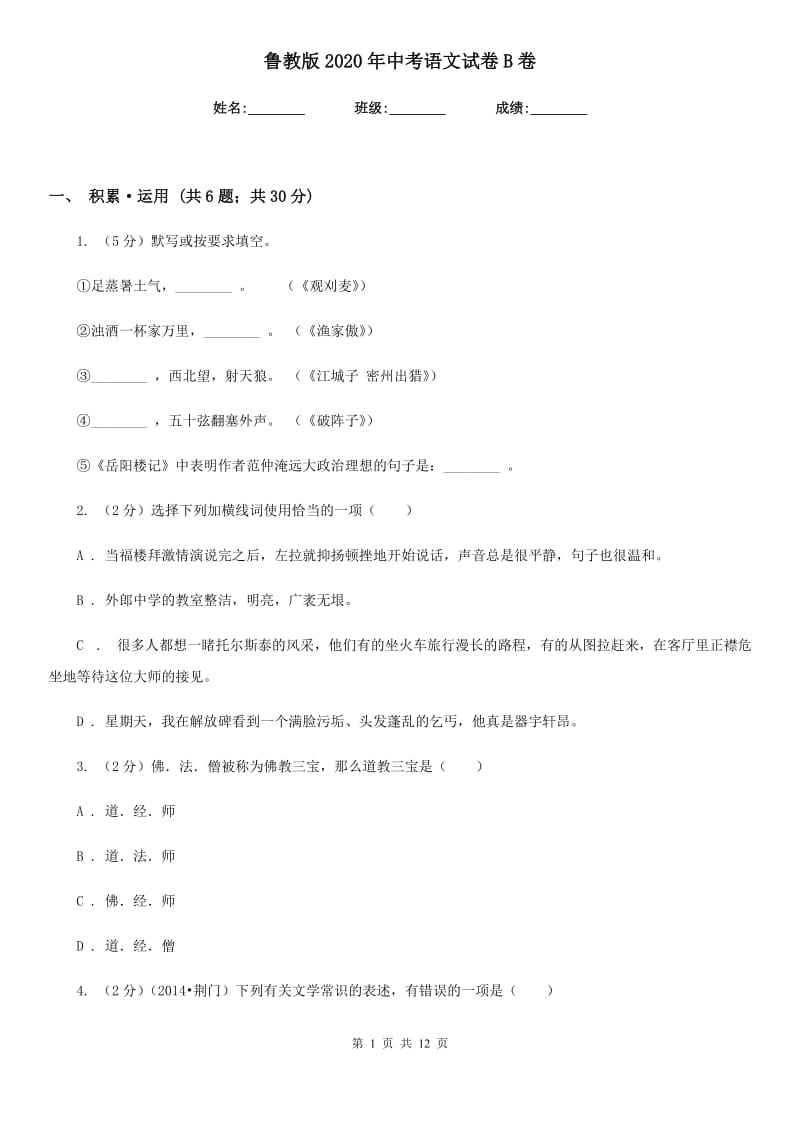 鲁教版2020年中考语文试卷B卷 .doc_第1页