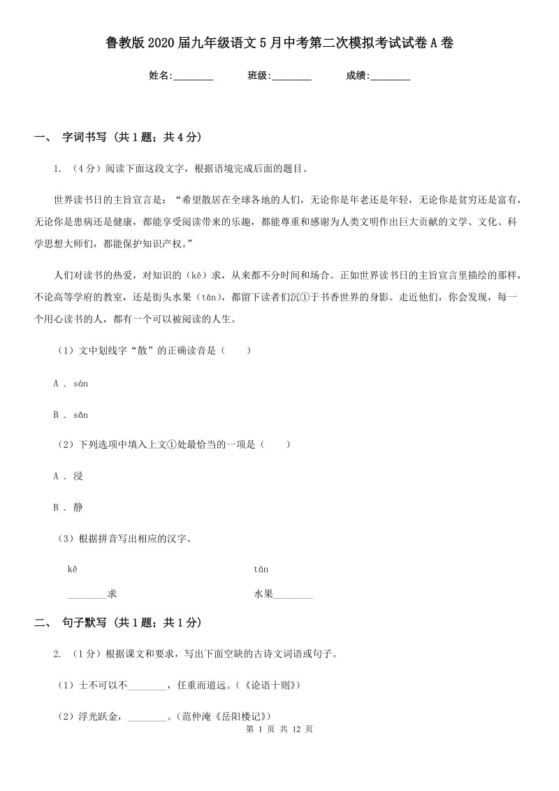 鲁教版2020届九年级语文5月中考第二次模拟考试试卷A卷.doc_第1页