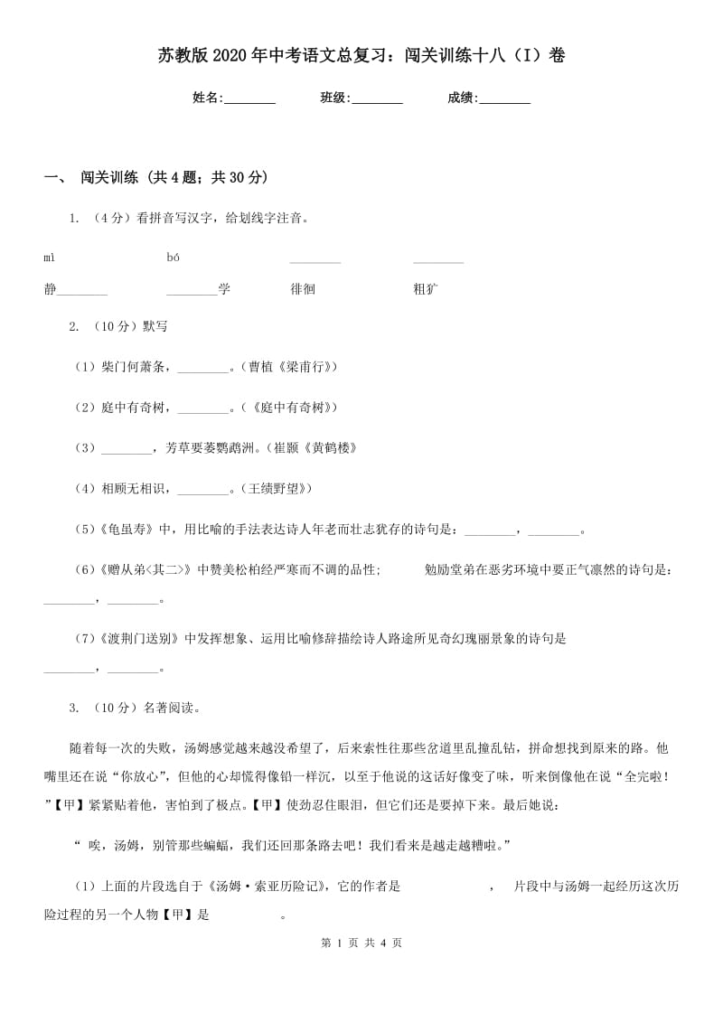 苏教版2020年中考语文总复习：闯关训练十八（I）卷.doc_第1页