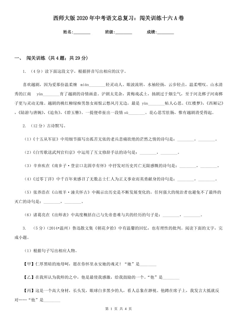 西师大版2020年中考语文总复习：闯关训练十六A卷.doc_第1页