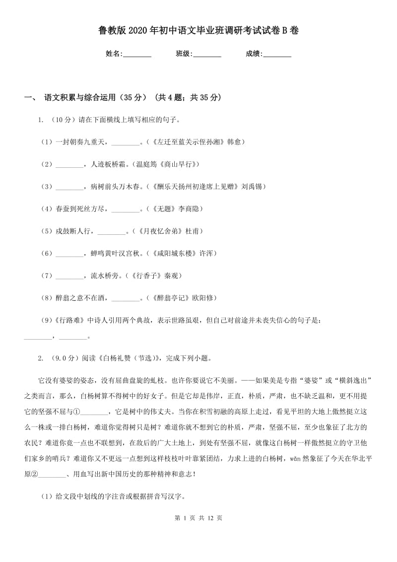 鲁教版2020年初中语文毕业班调研考试试卷B卷.doc_第1页