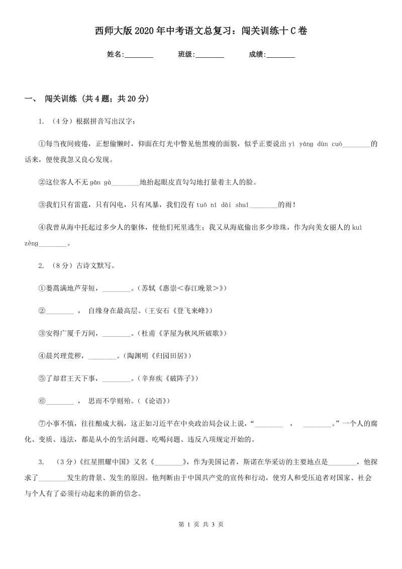 西师大版2020年中考语文总复习：闯关训练十C卷.doc_第1页