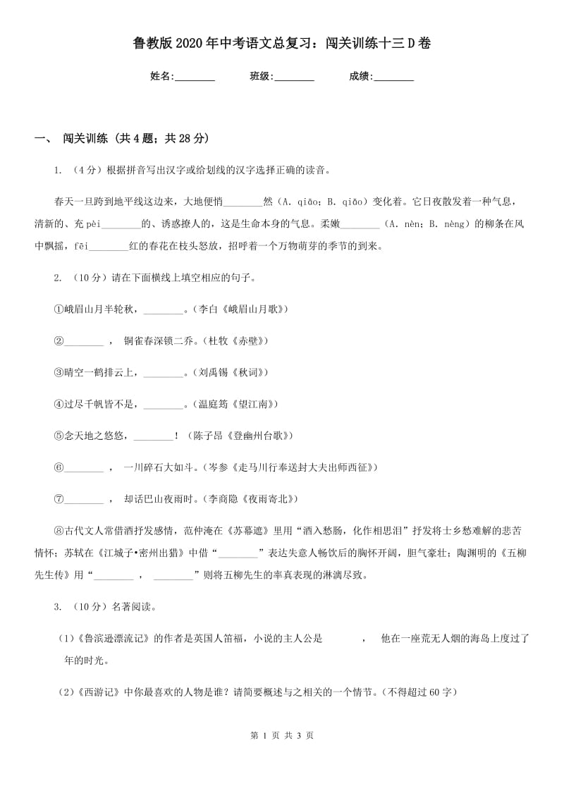 鲁教版2020年中考语文总复习：闯关训练十三D卷.doc_第1页