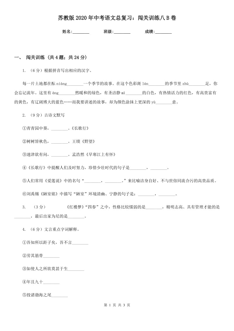 苏教版2020年中考语文总复习：闯关训练八B卷.doc_第1页