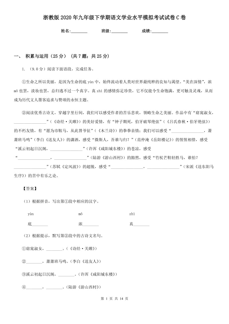 浙教版2020年九年级下学期语文学业水平模拟考试试卷C卷.doc_第1页