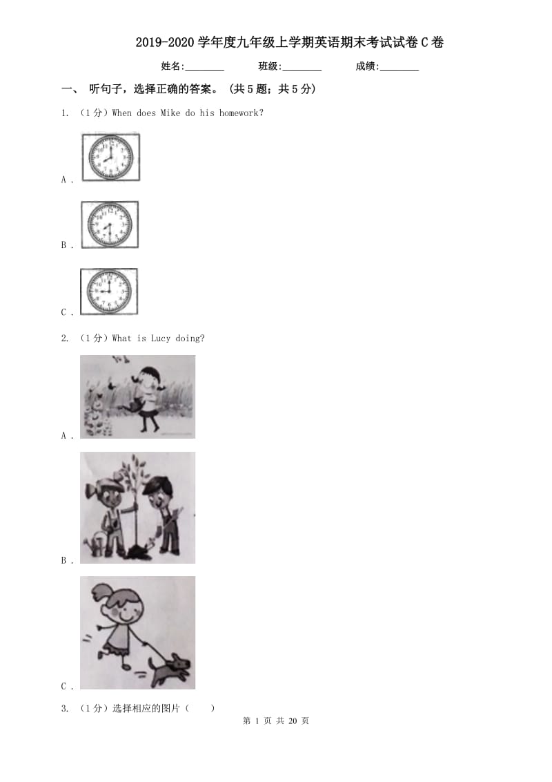 2019-2020学年度九年级上学期英语期末考试试卷C卷.doc_第1页