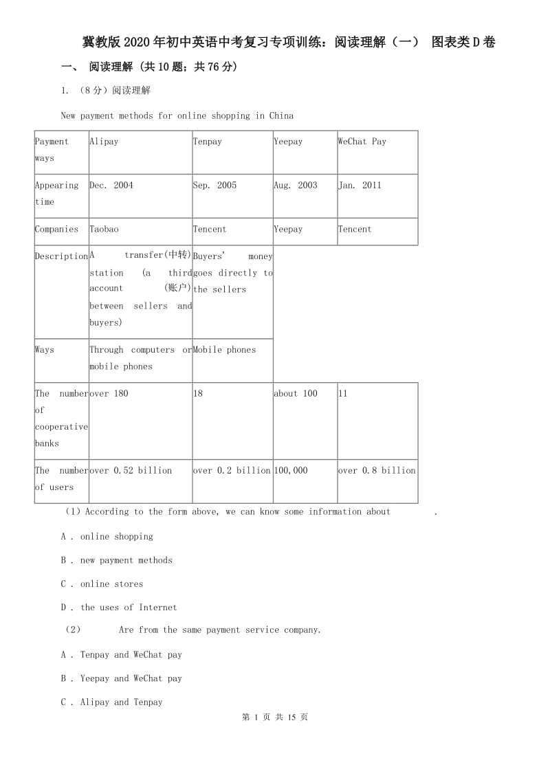 冀教版2020年初中英语中考复习专项训练：阅读理解（一） 图表类D卷.doc_第1页