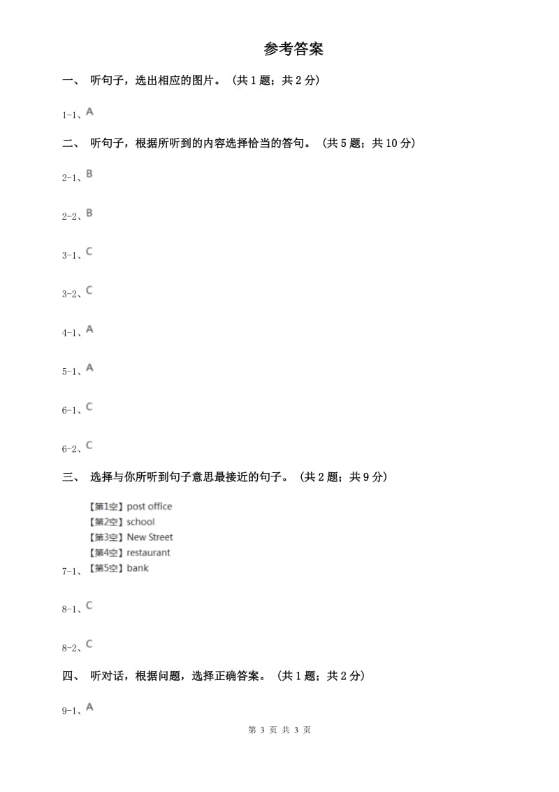 上海新世纪版七年级英语下册Unit 8 Is there a post office near here_ 单元测试卷（二）听力部分（I）卷.doc_第3页