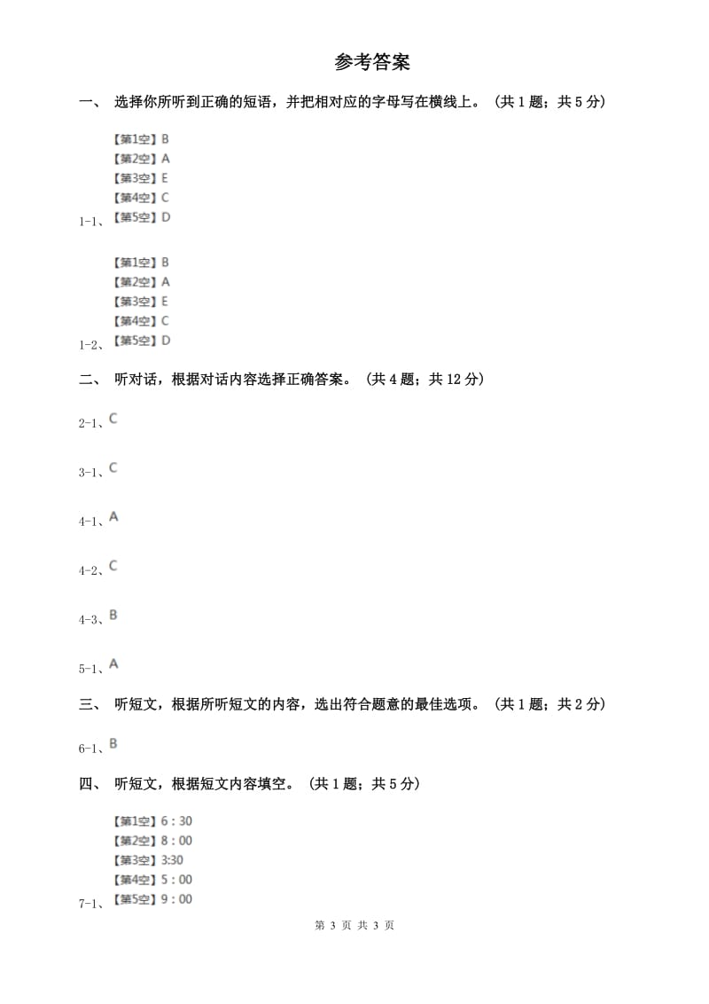 上海版七年级英语下册Unit 2 What time do you go to school_单元测试卷（一）听力部分（II ）卷.doc_第3页