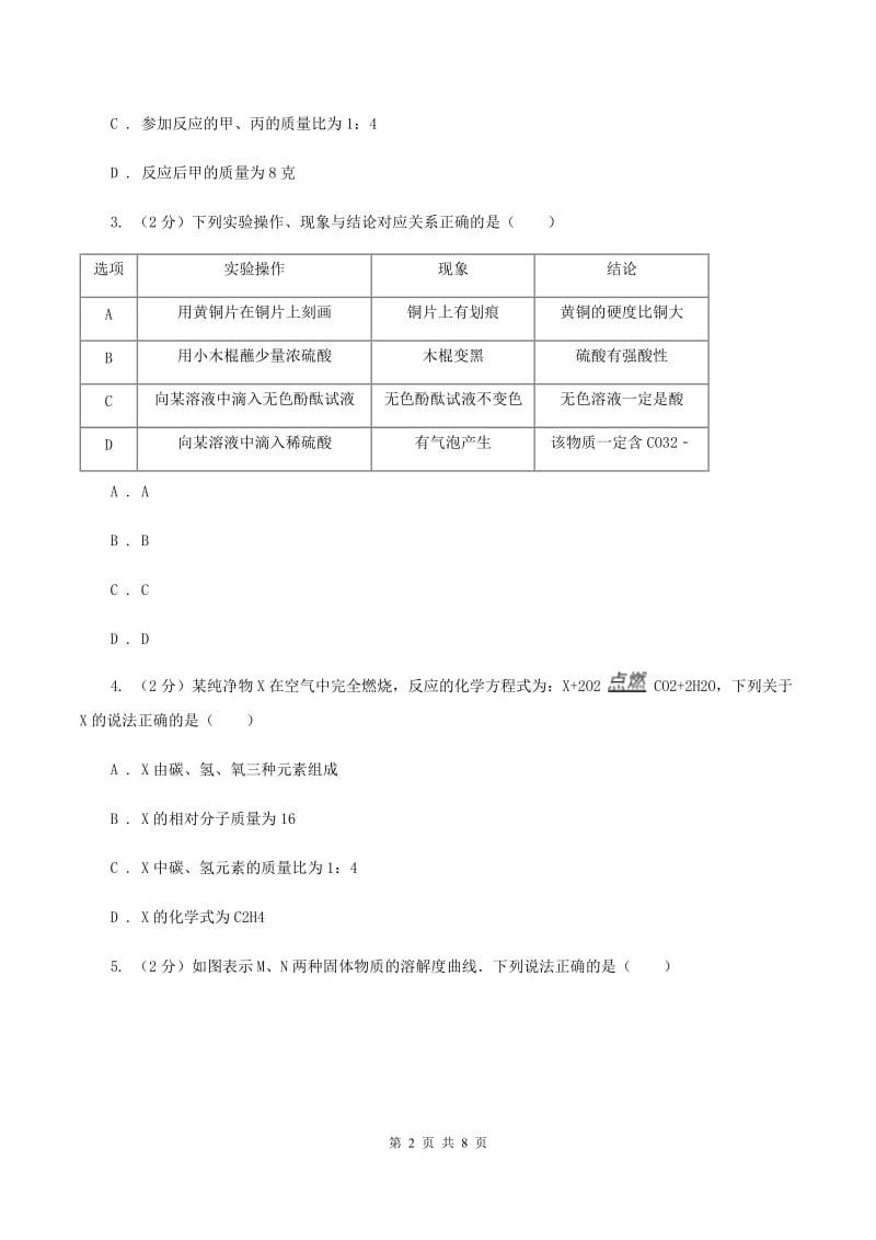 人教版2020年初中毕业生学业考试化学（模拟一）（I）卷.doc_第2页