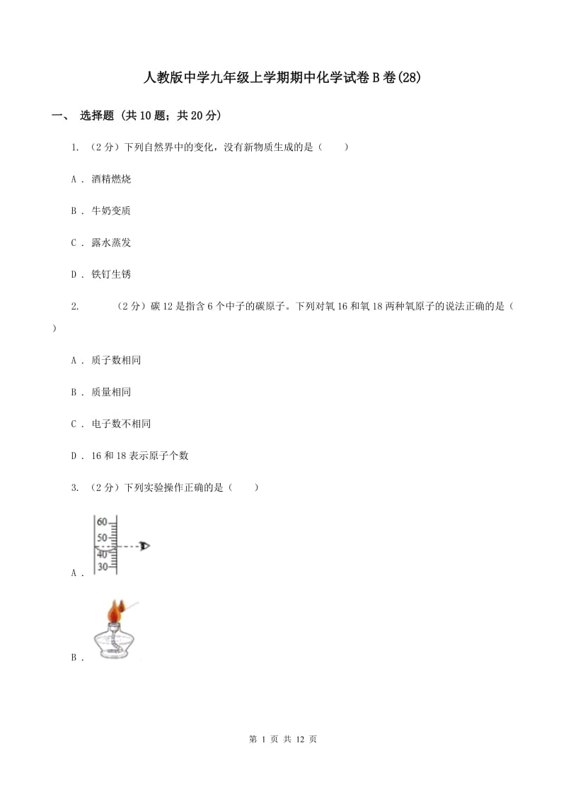 人教版中学九年级上学期期中化学试卷B卷(28).doc_第1页