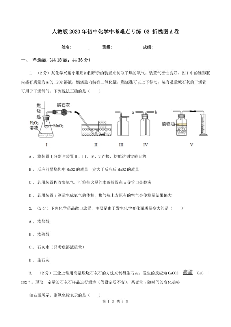 人教版2020年初中化学中考难点专练 03 折线图A卷.doc_第1页