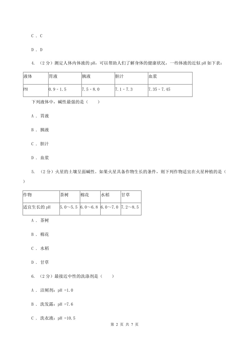 2019年新人教版 九年级化学下册第十单元酸和碱课题2酸和碱的中和反应 C卷.doc_第2页