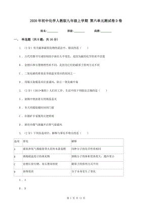 2020年初中化學(xué)人教版九年級上學(xué)期 第六單元測試卷D卷.doc