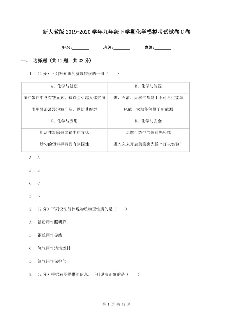 新人教版2019-2020学年九年级下学期化学模拟考试试卷C卷.doc_第1页