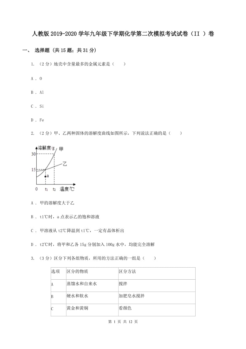 人教版2019-2020学年九年级下学期化学第二次模拟考试试卷（II ）卷.doc_第1页