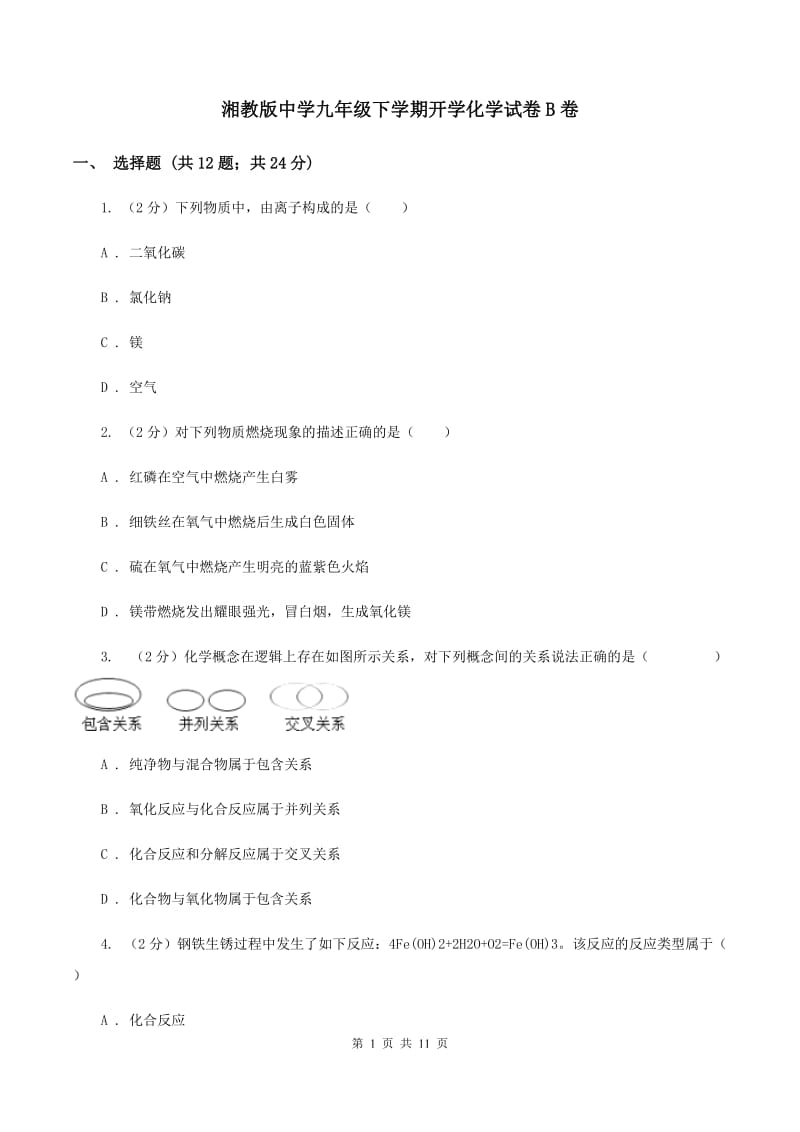 湘教版中学九年级下学期开学化学试卷B卷.doc_第1页