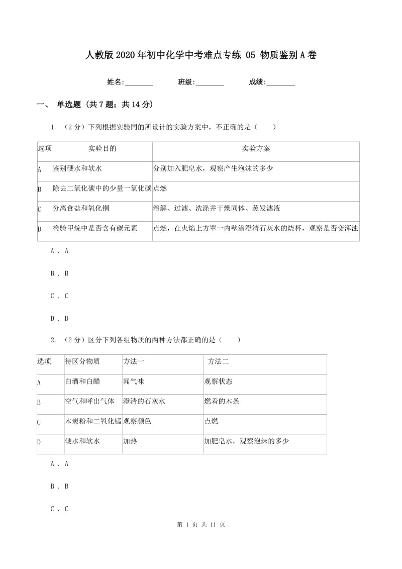 人教版2020年初中化学中考难点专练 05 物质鉴别A卷.doc_第1页