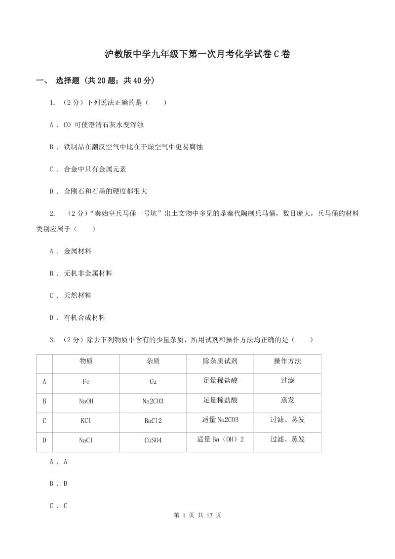 沪教版中学九年级下第一次月考化学试卷C卷.doc_第1页