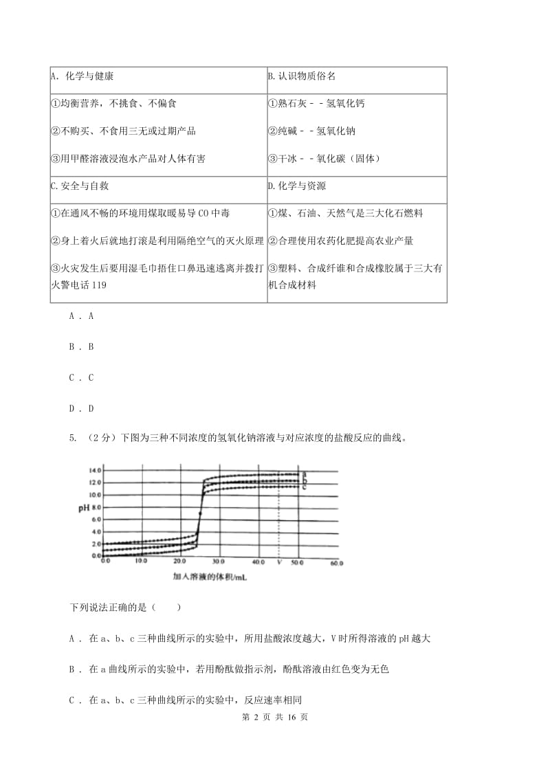 2020年人教版2020年中考化学模拟试卷（二）D卷.doc_第2页