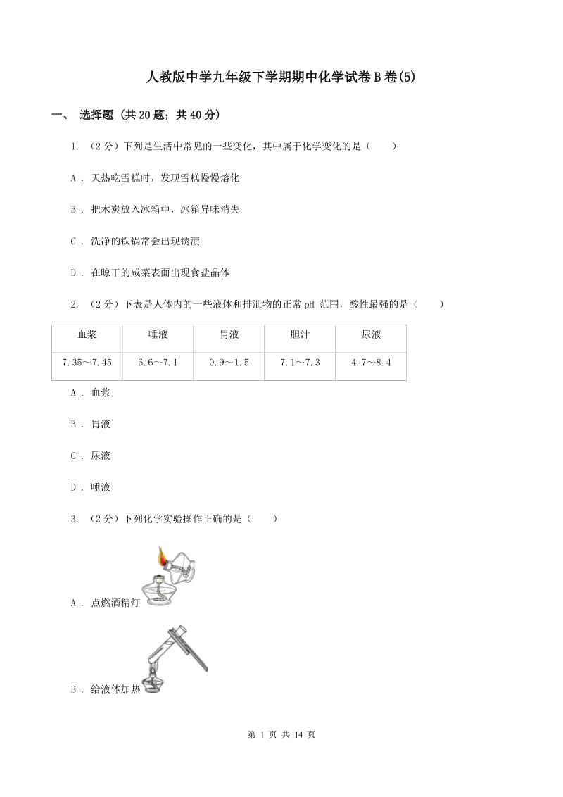 人教版中学九年级下学期期中化学试卷B卷(5).doc_第1页