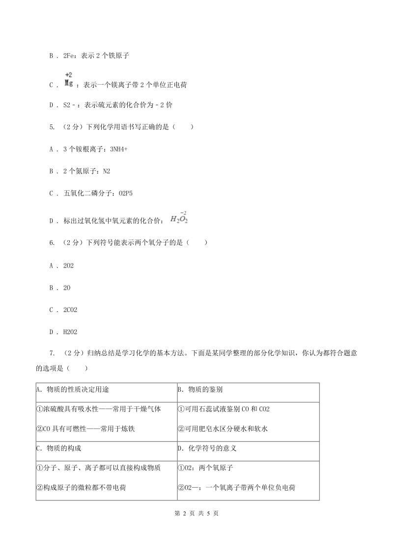 沪教版2020年初中化学知识点专练 10 化学用语D卷.doc_第2页