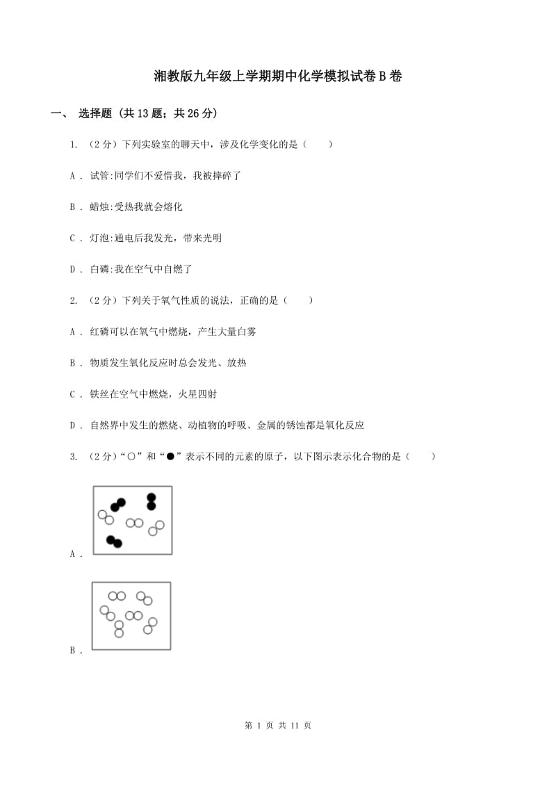湘教版九年级上学期期中化学模拟试卷B卷.doc_第1页