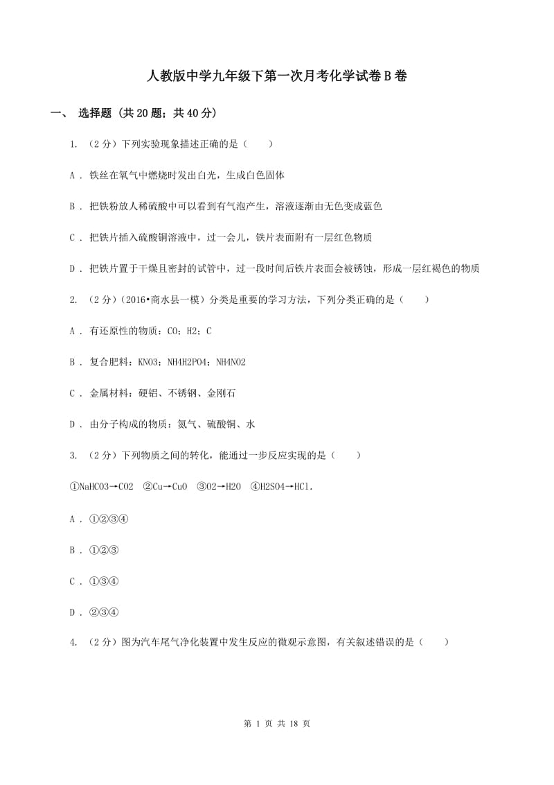 人教版中学九年级下第一次月考化学试卷B卷.doc_第1页