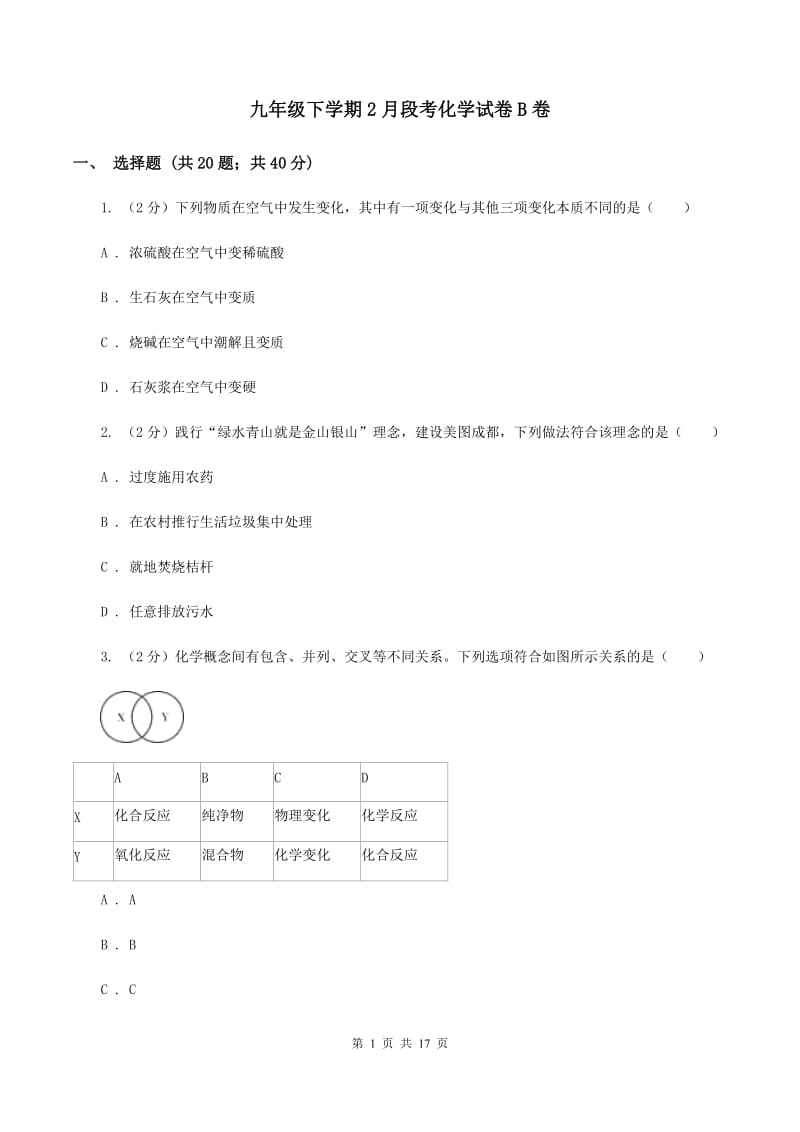 九年级下学期2月段考化学试卷B卷.doc_第1页