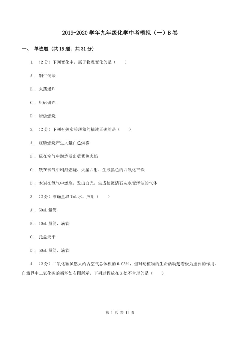 2019-2020学年九年级化学中考模拟（一）B卷.doc_第1页