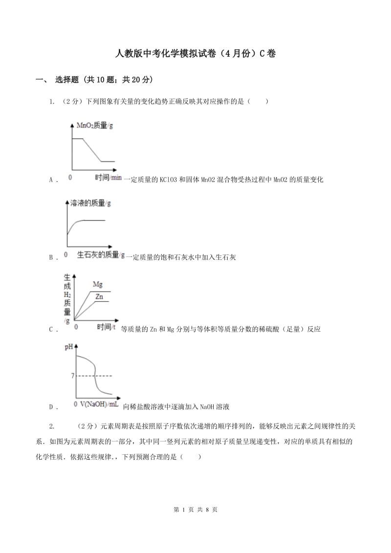 人教版中考化学模拟试卷（4月份）C卷.doc_第1页