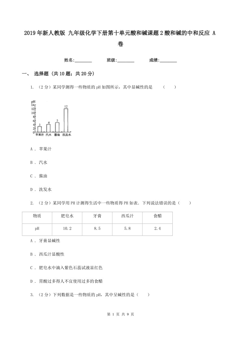 2019年新人教版 九年级化学下册第十单元酸和碱课题2酸和碱的中和反应 A卷.doc_第1页