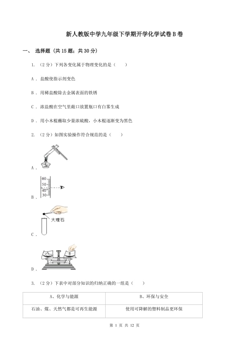 新人教版中学九年级下学期开学化学试卷B卷.doc_第1页