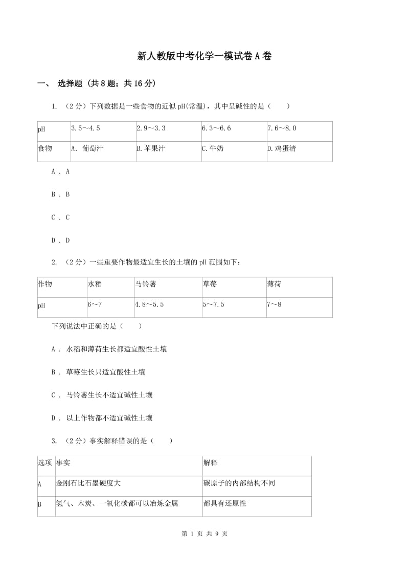 新人教版中考化学一模试卷A卷.doc_第1页