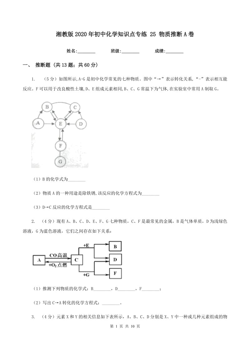 湘教版2020年初中化学知识点专练 25 物质推断A卷.doc_第1页