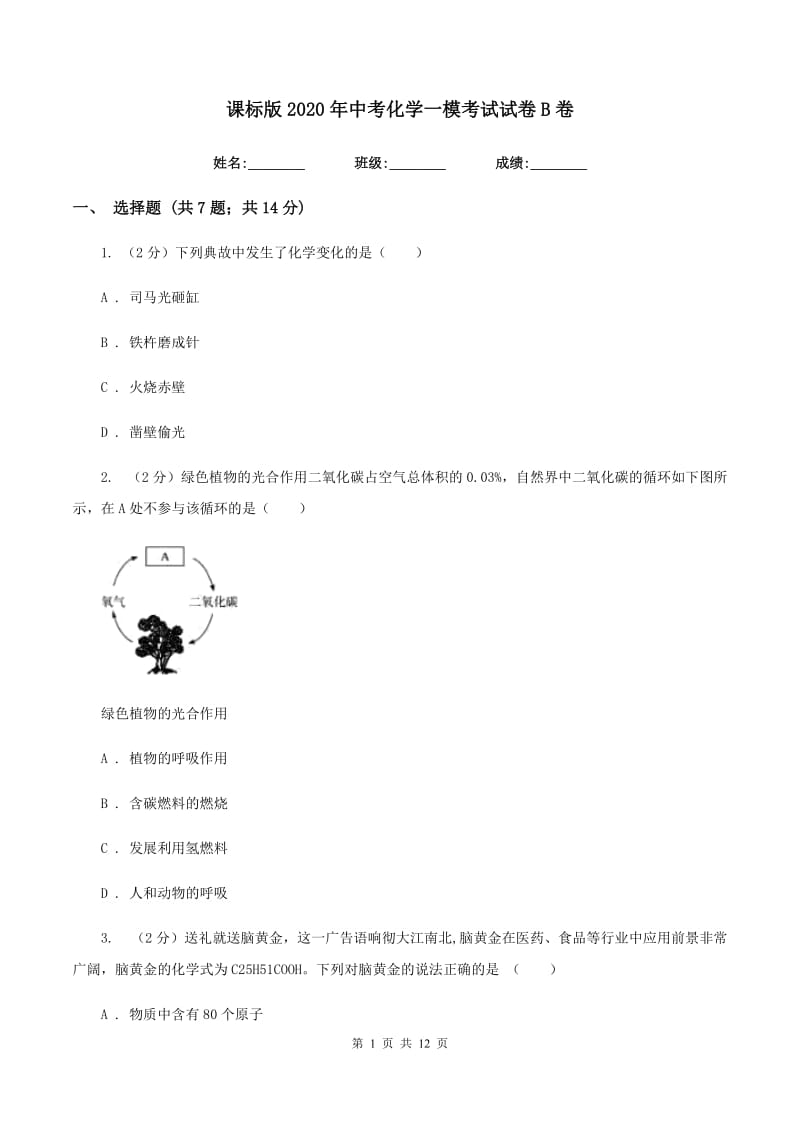 课标版2020年中考化学一模考试试卷B卷.doc_第1页