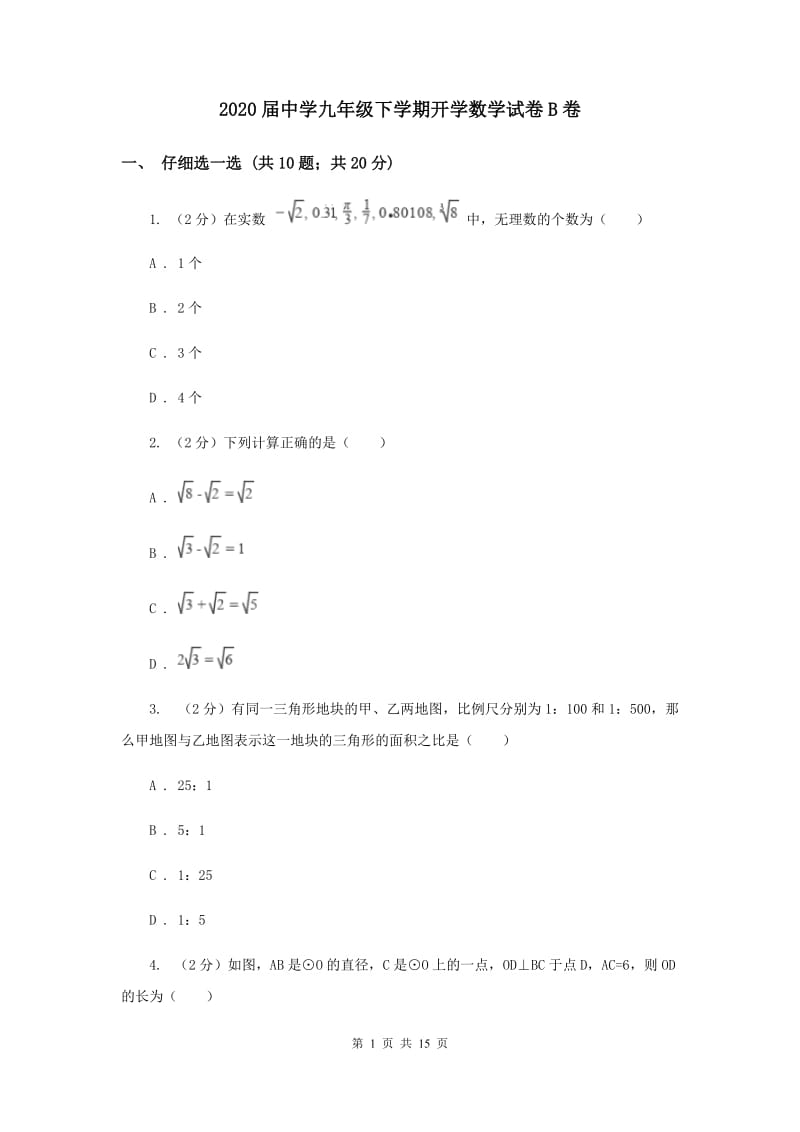 2020届中学九年级下学期开学数学试卷B卷.doc_第1页