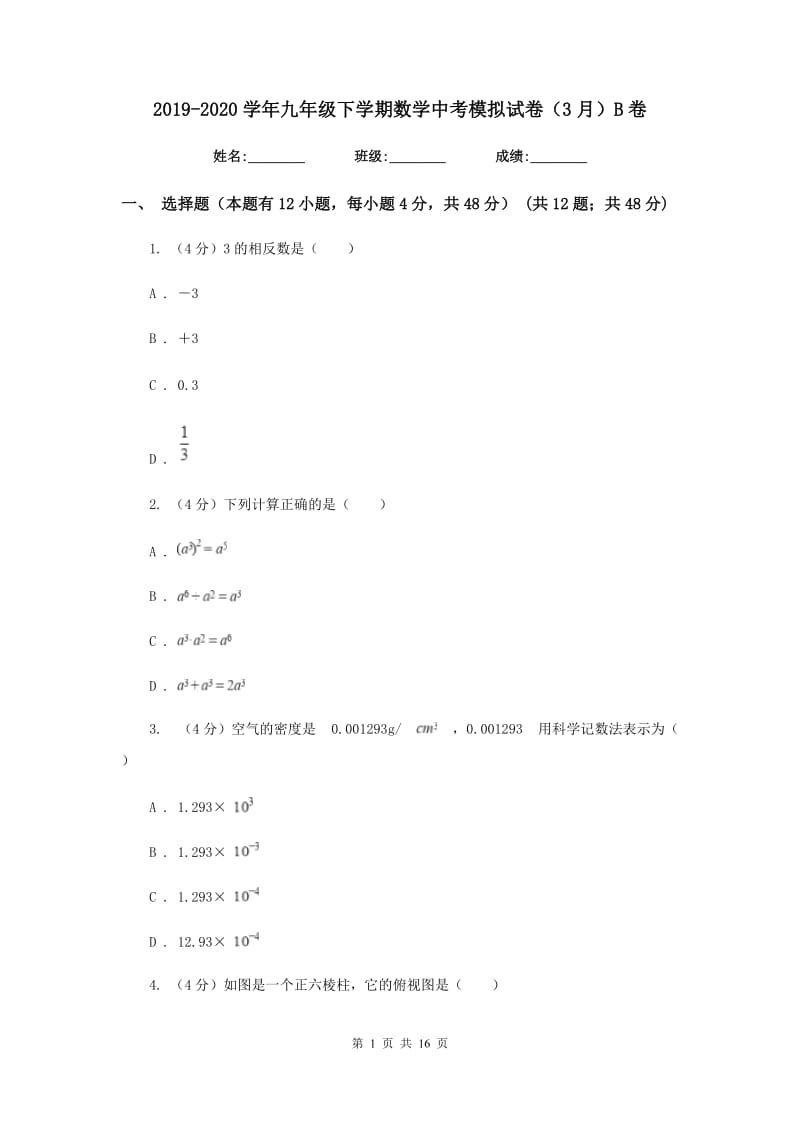 2019-2020学年九年级下学期数学中考模拟试卷（3月）B卷.doc_第1页