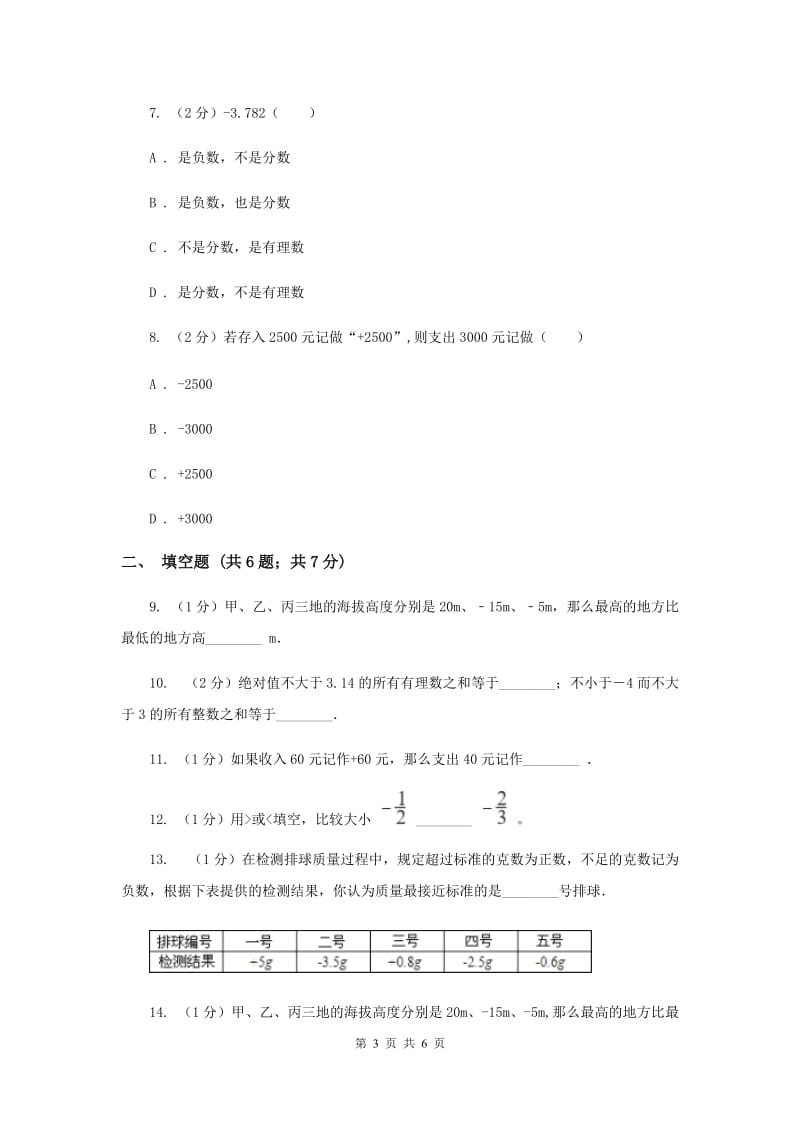 2019-2020学年数学人教版七年级上册1.1正数和负数同步练习D卷.doc_第3页