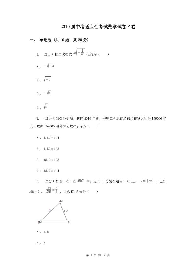 2019届中考适应性考试数学试卷F卷.doc_第1页