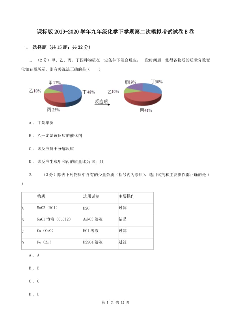 课标版2019-2020学年九年级化学下学期第二次模拟考试试卷B卷.doc_第1页