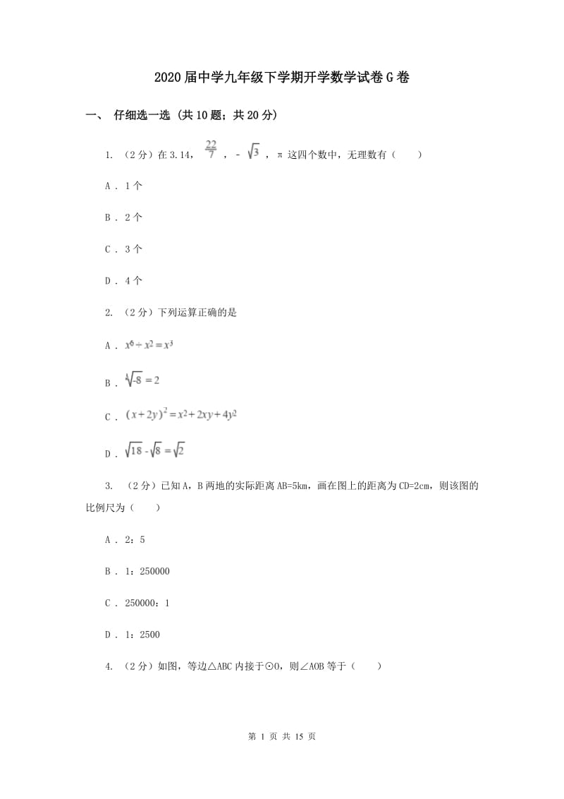 2020届中学九年级下学期开学数学试卷G卷.doc_第1页