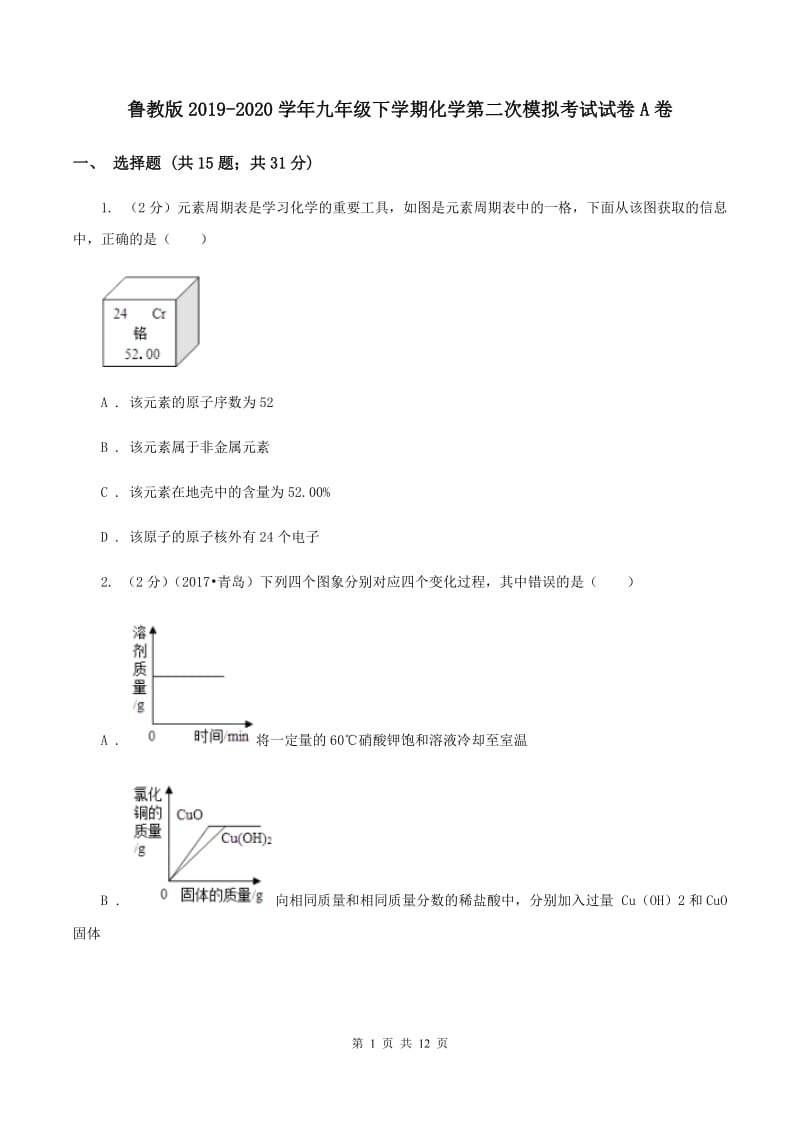 鲁教版2019-2020学年九年级下学期化学第二次模拟考试试卷A卷.doc_第1页