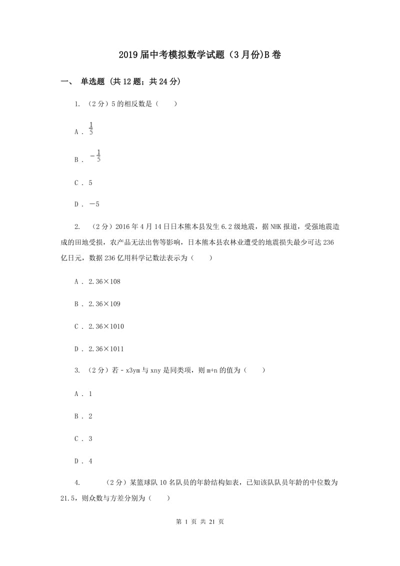 2019届中考模拟数学试题（3月份)B卷.doc_第1页