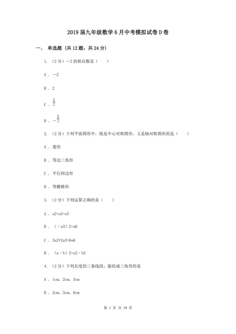 2019届九年级数学6月中考模拟试卷D卷.doc_第1页