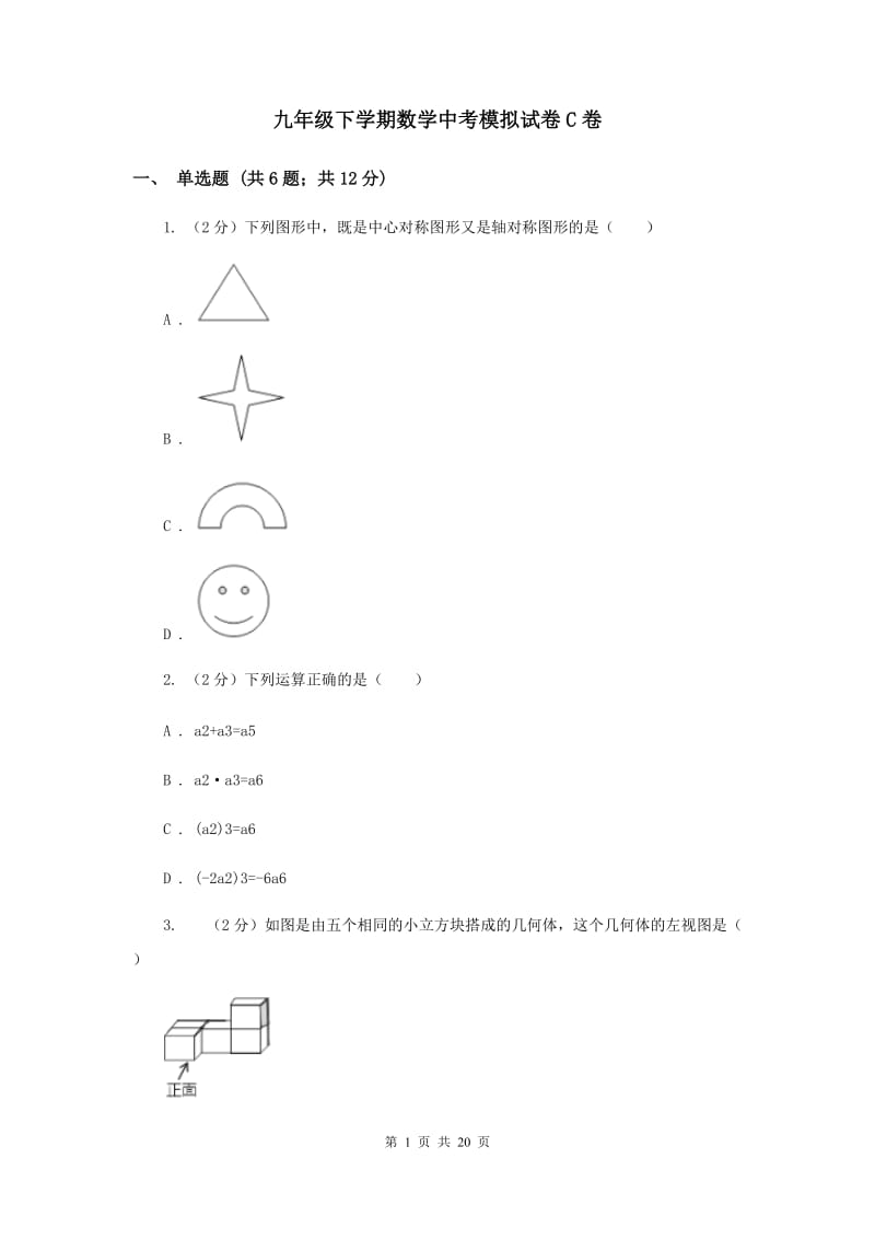 九年级下学期数学中考模拟试卷C卷.doc_第1页